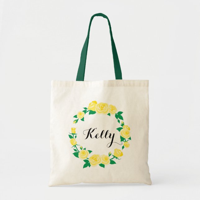 Personalized Yellow Roses Floral Tote Bag (Front)