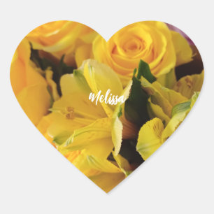 Personalized yellow roses romantic floral heart sticker