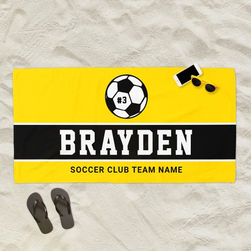 Personalized Yellow Soccer Player Name Beach Towel