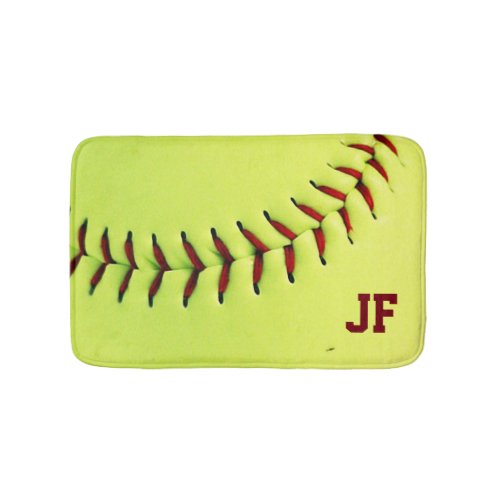 Personalized yellow softball ball bath mat