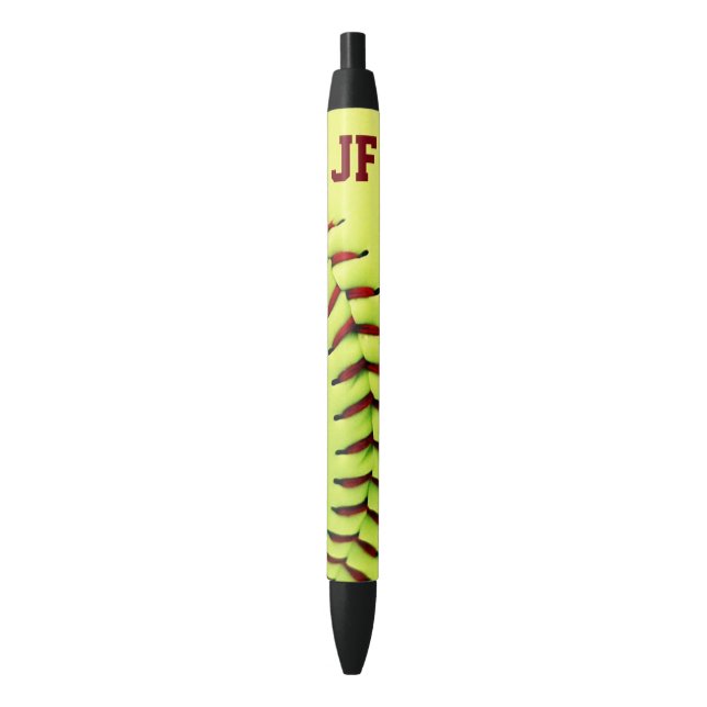 Personalized yellow softball ball black ink pen (Front Vertical)