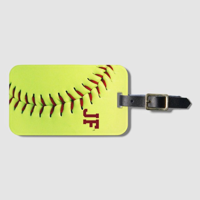 Personalized yellow softball ball luggage tag (Front Horizontal)