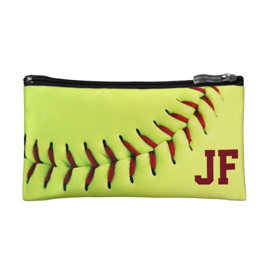 Personalized yellow softball ball makeup bag