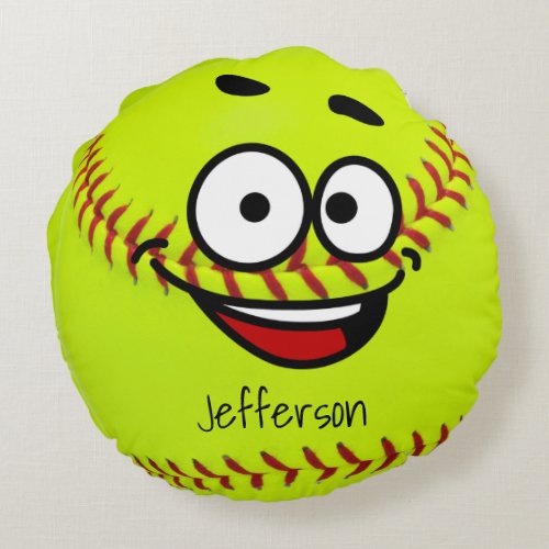 Personalized Yellow Softball funny face Round Pillow