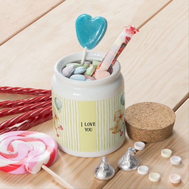 personalized yellow stripe duckling birthday plate candy jar (In Situ)