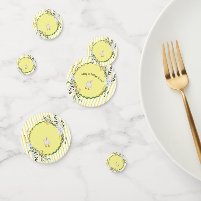 personalized yellow stripe duckling birthday plate confetti (Group)