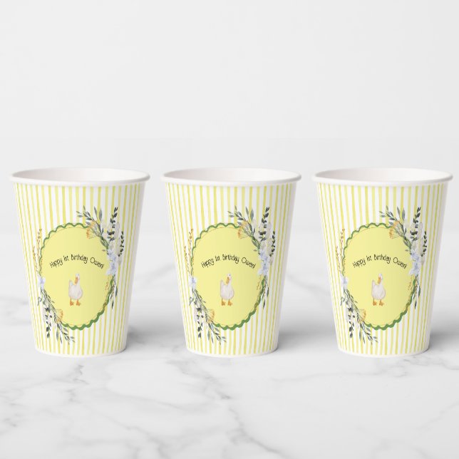 personalized yellow stripe duckling birthday plate paper cups (Multi)