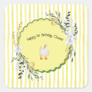 personalized yellow stripe duckling birthday plate square sticker