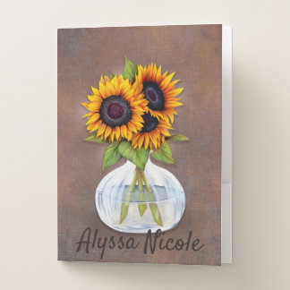 Personalized Yellow Sunflower in Vase on Brown Pocket Folder
