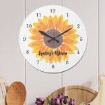Personalized Yellow Sunflower  Large Clock<br><div class="desc">Brighten your day with this charming floral clock featuring an original watercolor sunflower and a simple clock face. Easily personalizable with your name. Use the Customize Further option to change the text size, style or color if you wish. Because we create our own artwork you won't find this exact image...</div>