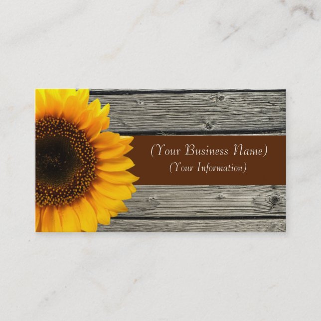 Personalized Yellow Sunflower & Rustic Barn Wood Business Card (Front)