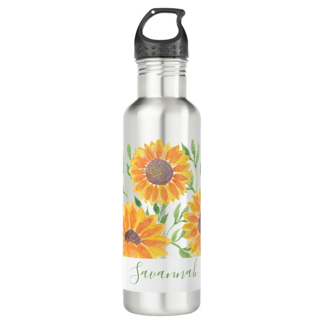 Personalized Yellow Sunflowers Green Foliage Stainless Steel Water Bottle (Front)