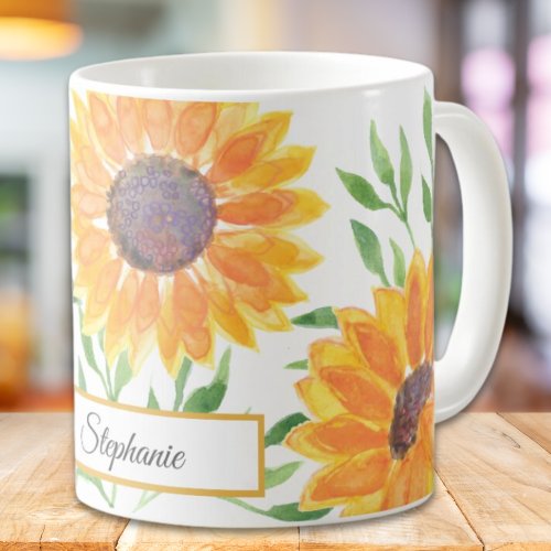 Personalized Yellow Sunflowers Watercolor Coffee Mug