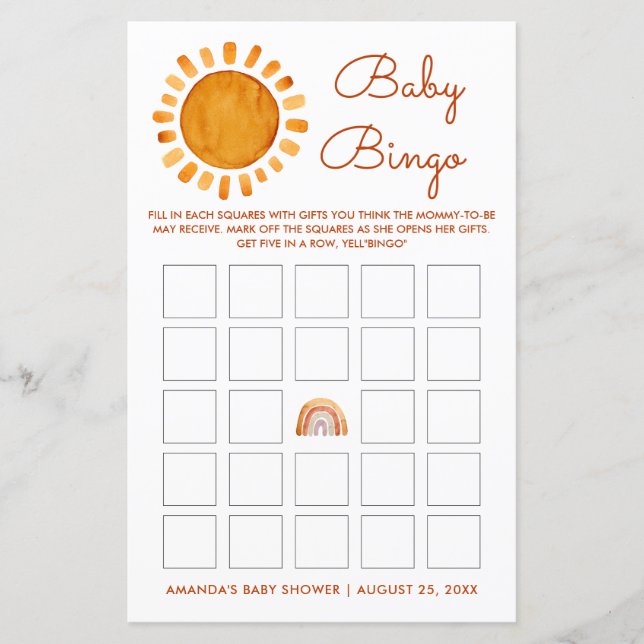 Personalized Yellow Sunshine Baby Bingo (Front)