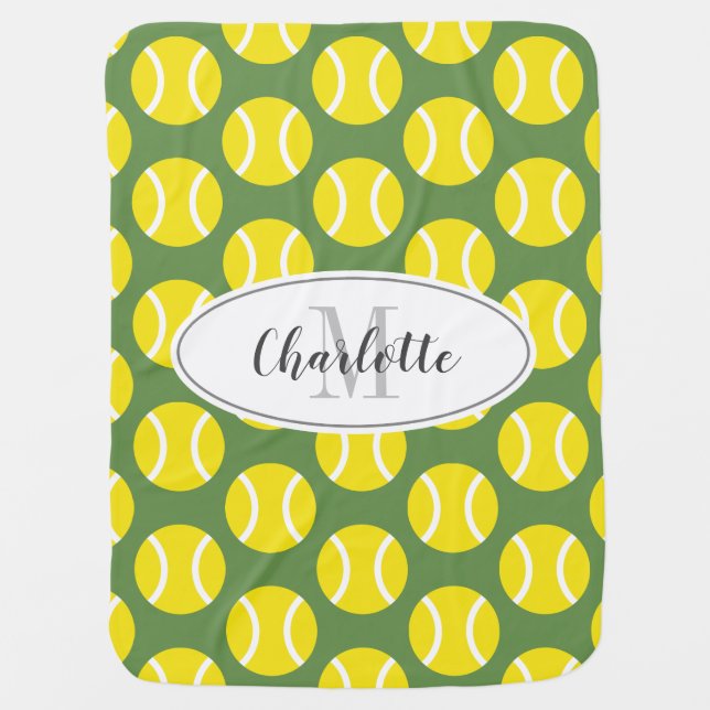 Personalized yellow tennis ball print baby blanket (Front)