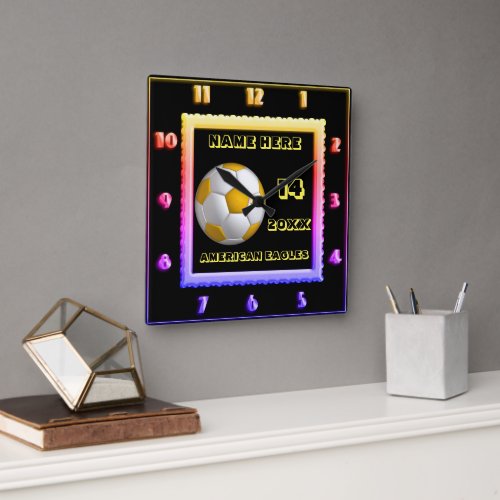 Personalized Yellow Text Soccer square clock