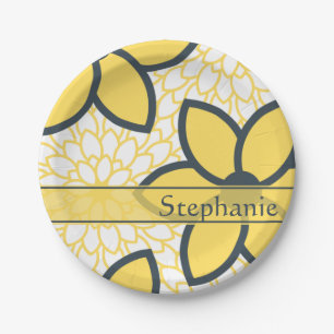 Personalized Yellow, White, Charcoal Modern Floral Paper Plates
