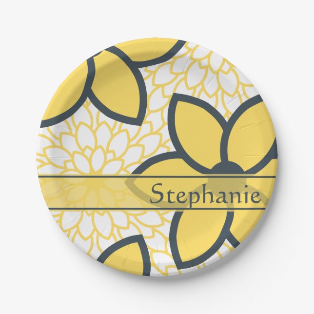 Personalized Yellow, White, Charcoal Modern Floral Paper Plates (Front)