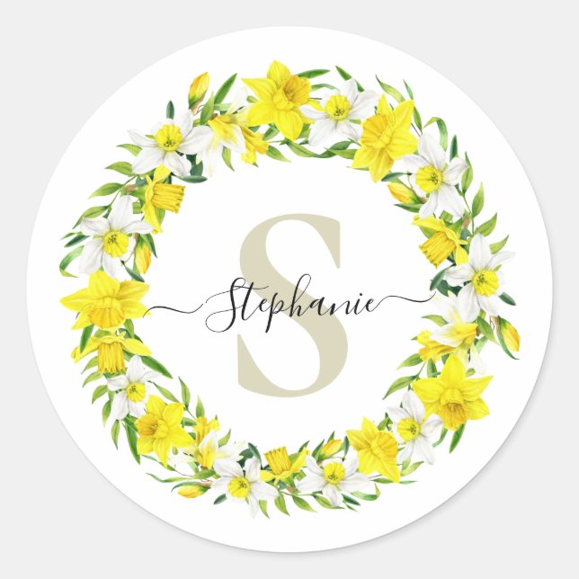 Personalized Yellow White Daffodil Garland Classic Round Sticker (Front)
