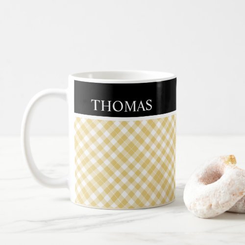 Personalized Yellow White Gingham Custom Name Coffee Mug