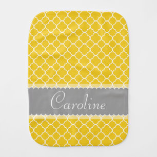 Personalized Yellow White Gray Quatrefoil Pattern Burp Cloth