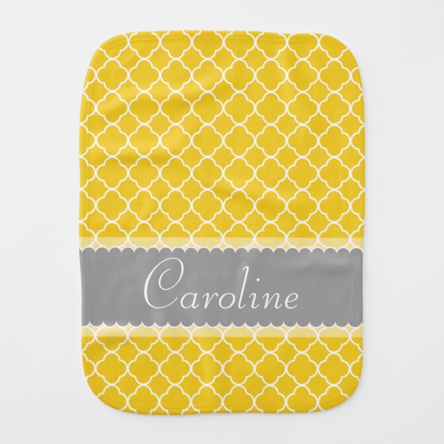 Personalized Yellow White Gray Quatrefoil Pattern Burp Cloth (Front)
