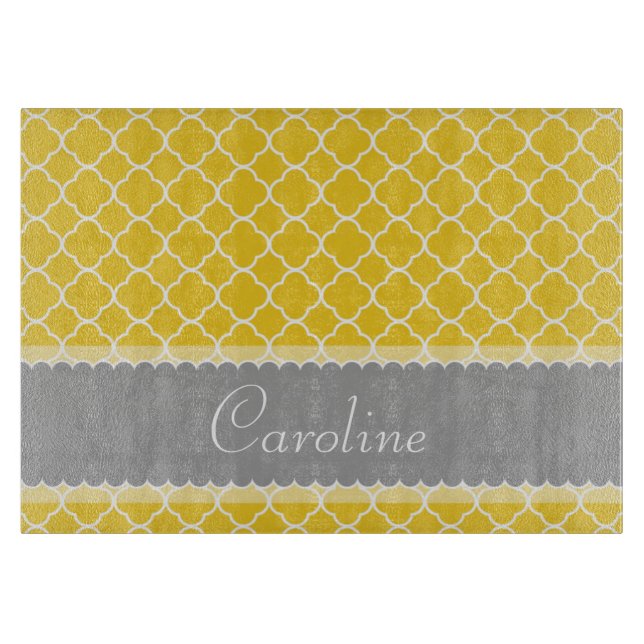 Personalized Yellow White Gray Quatrefoil Pattern Cutting Board (Front)