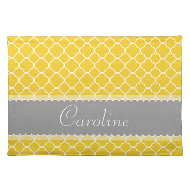 Personalized Yellow White Gray Quatrefoil Pattern Placemat (Front)