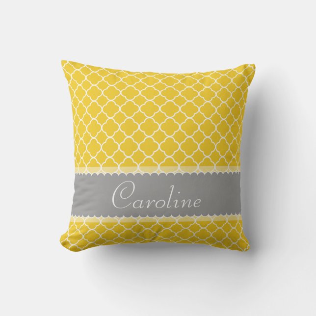 Personalized Yellow White Gray Quatrefoil  Pattern Throw Pillow (Front)