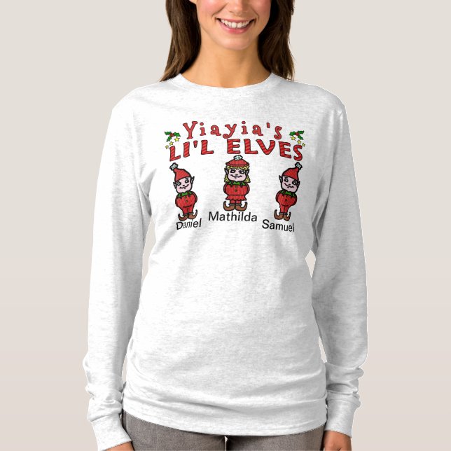Personalized Yiayia Grandkids Elves 2 Boys 1 Girl T-Shirt (Front)