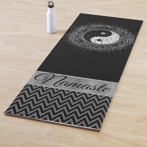 Personalized Yin Yang Chevron Black Silver  Yoga Mat