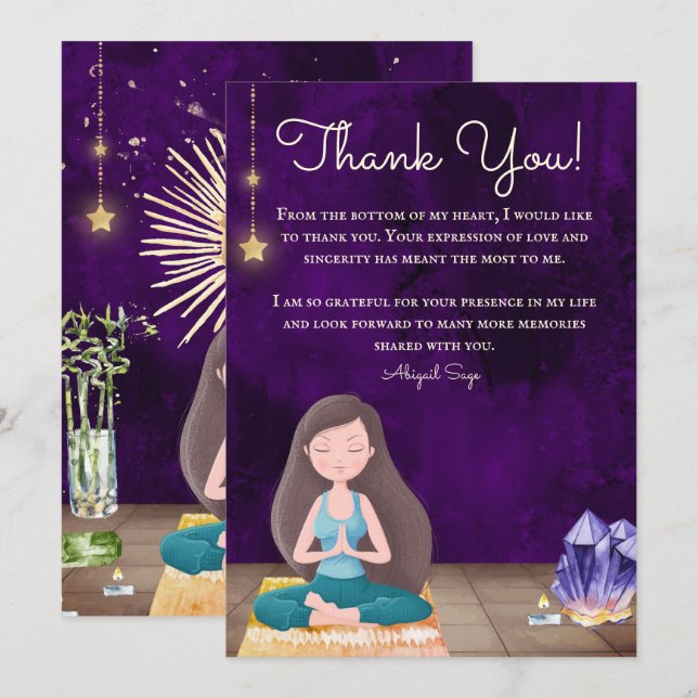 Personalized Yoga Girl Meditation and Crystals Thank You Card (Front/Back)