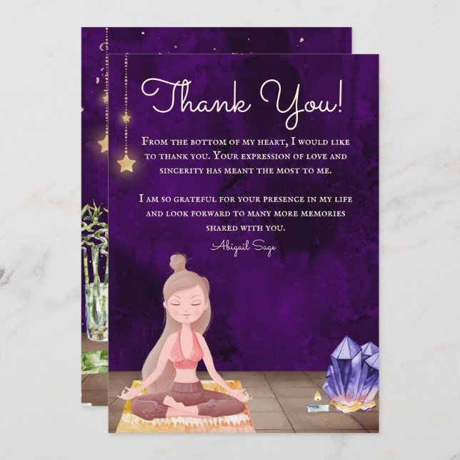 Personalized Yoga Girl Meditation and Crystals Thank You Card (Front/Back)