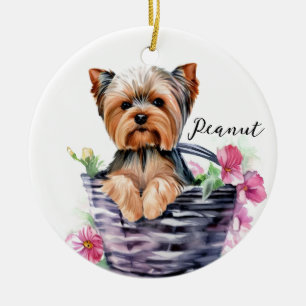 Personalized Yorkie in the Basket Watercolor Art Ceramic Ornament