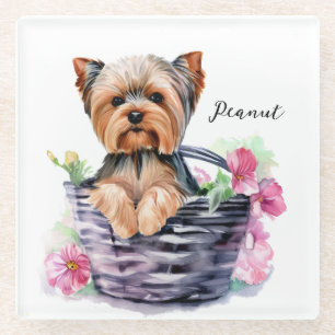 Personalized Yorkie in the Basket Watercolor Art Glass Coaster