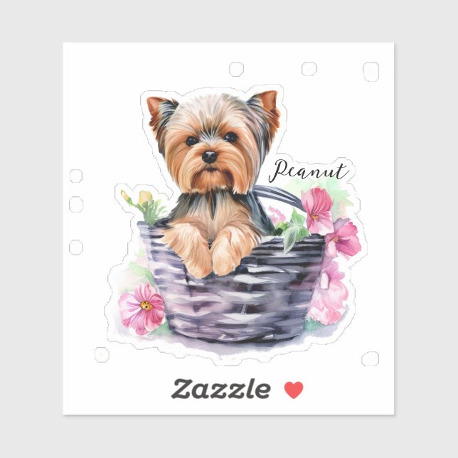 Personalized Yorkie in the Basket Watercolor Art Sticker (Sheet)
