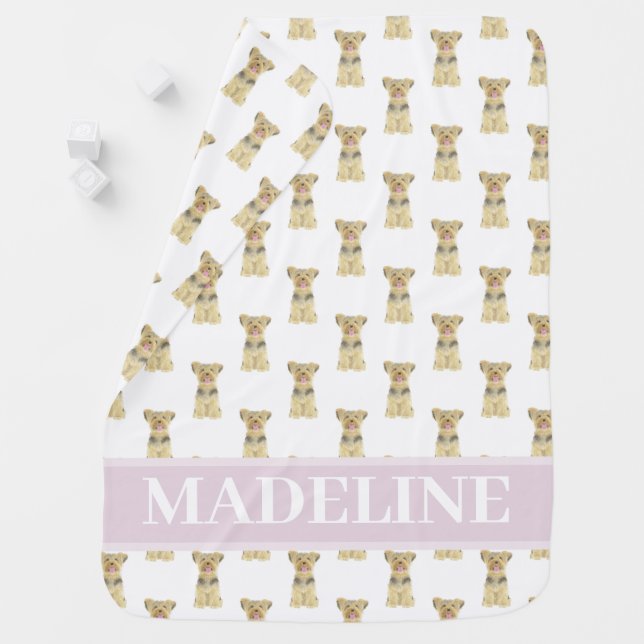 Personalized Yorkie Yorkshire Terrier Pink & White Baby Blanket (In Situ)