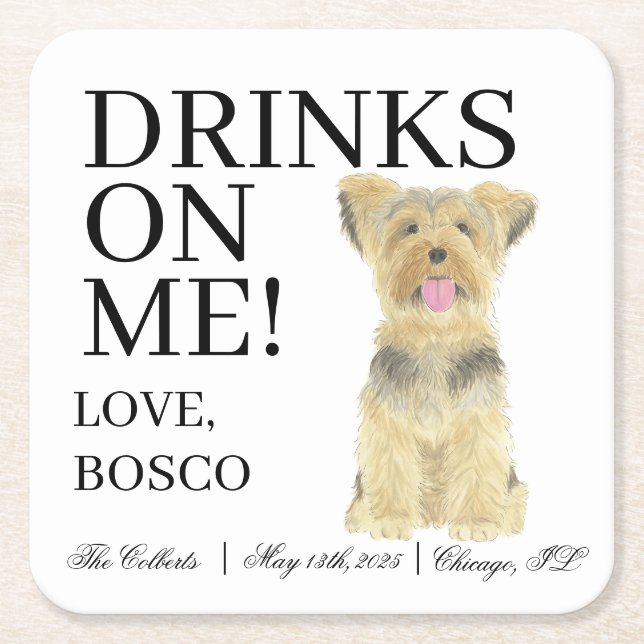 Personalized Yorkie Yorkshire Terrier Wedding Square Paper Coaster (Front)