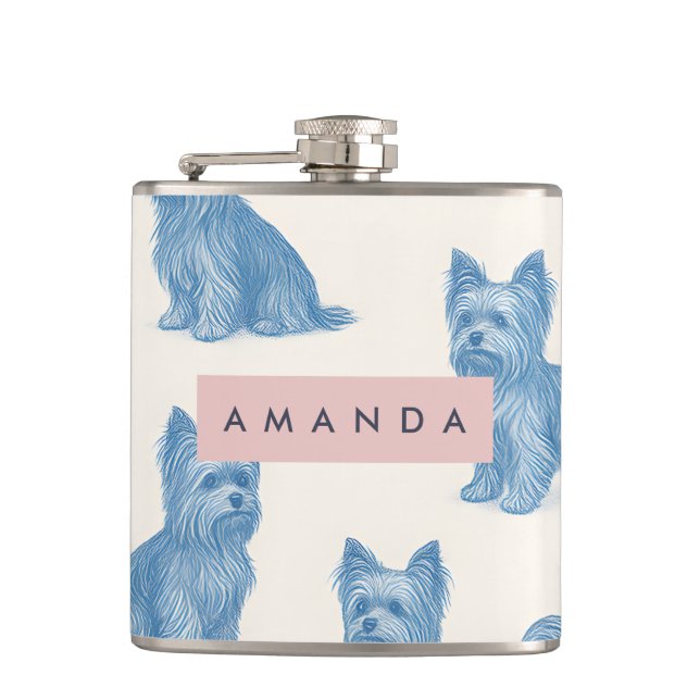 Personalized Yorkshire Terrier Blue Name Gift Cute Flask (Front)