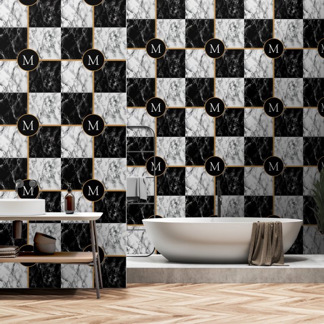 Personalized Your Letter Black White Check Marble Wallpaper (Bathroom)
