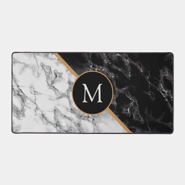 Personalized Your Letter Black White Marble Design Desk Mat (Front)