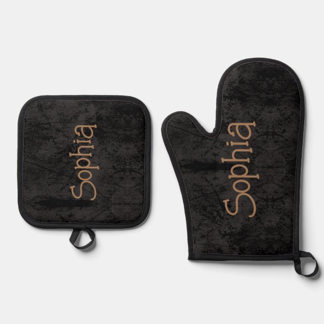 Personalized Your Name Black Custom Oven Mitt & Pot Holder Set (Front)