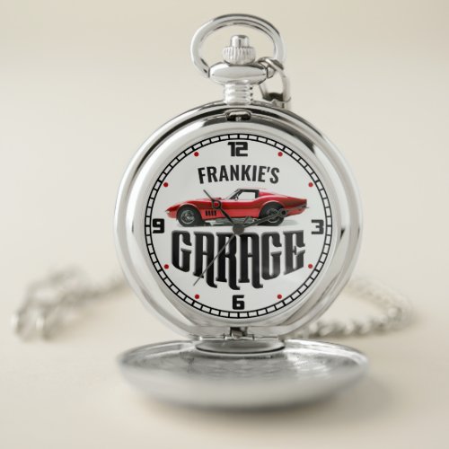 Personalized YOUR NAME Chevy Corvette Car Garage Pocket Watch