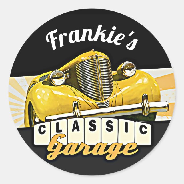 Personalized | Your Name | Classic Car Garage Round Sticker (Front)