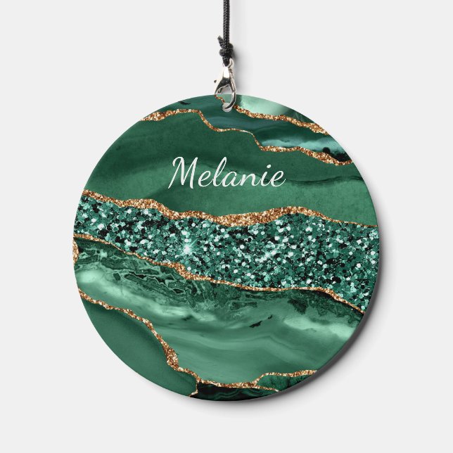Personalized Your Name Emerald Green Gold Glitter Wind Chime (Back)