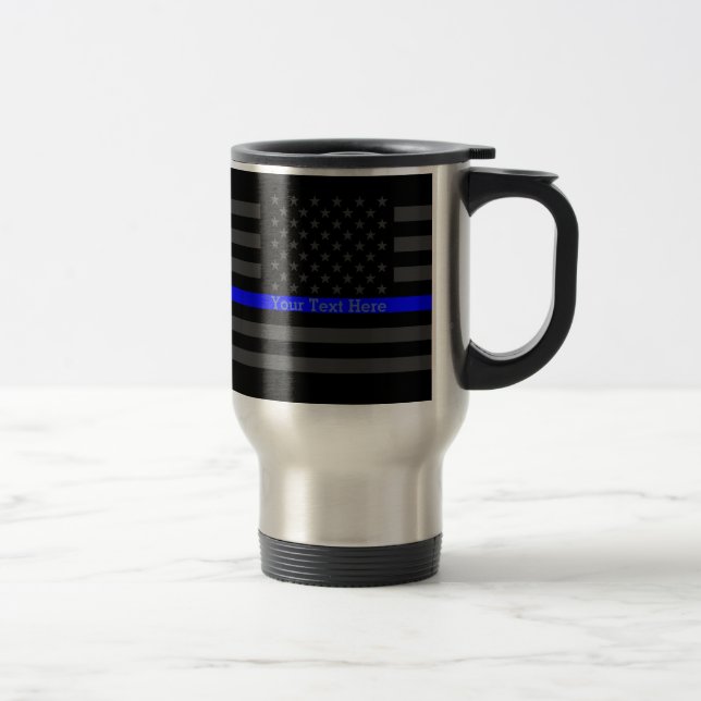 Personalized Your Name Thin Blue Line Grey US Flag Travel Mug (Right)