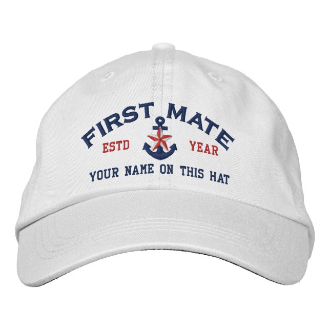Personalized Your Name Year First Mate Star Anchor Embroidered Baseball Cap (Front)