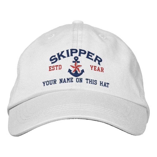 Personalized Your Name Year Skipper Star Anchor Embroidered Baseball Hat (Front)