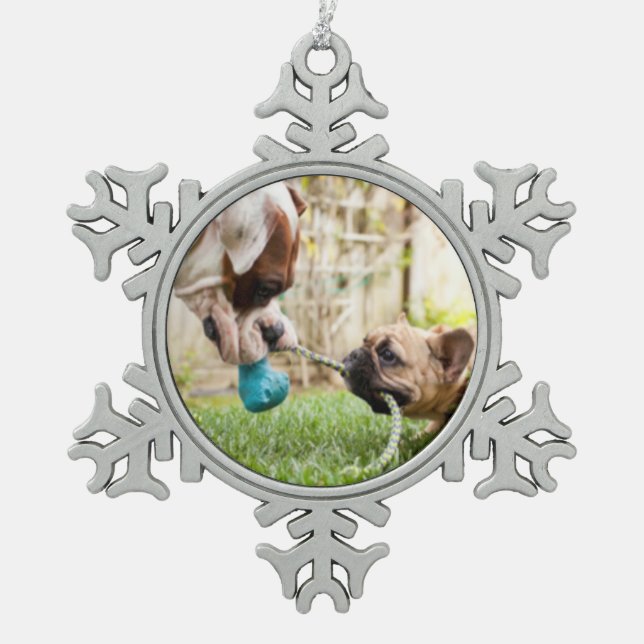 Personalized Your Pet Dog Cat Photo Picture Image  Snowflake Pewter Christmas Ornament (Front)