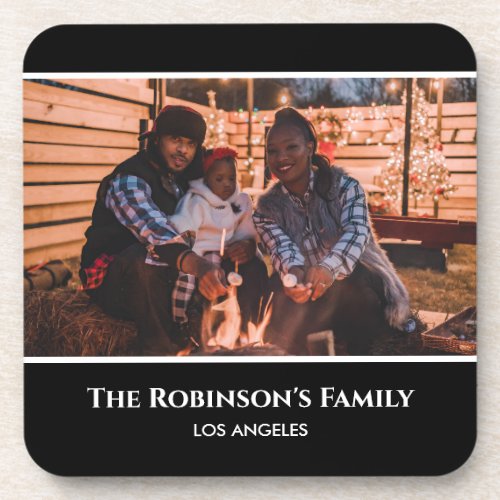 Personalized Your Photo in Black Frame with Texts Beverage Coaster